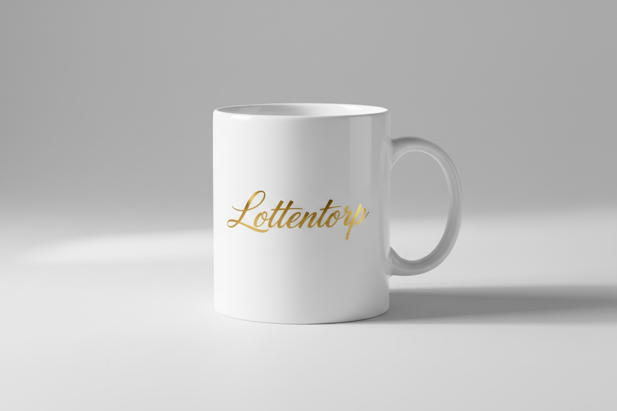 kaffekopp, vit färg. Logo Lottentorp i guld färg.